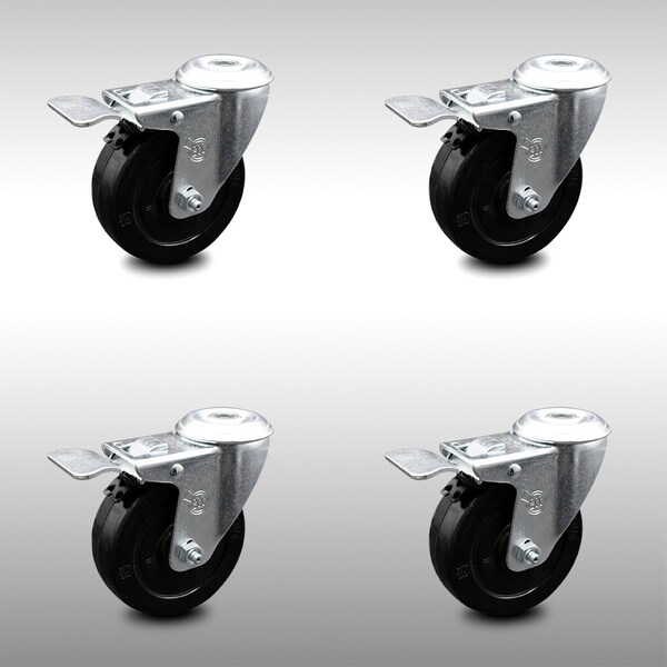 4 Inch SS Soft Rubber Swivel Bolt Hole Caster Set with Total Lock Brake SCC